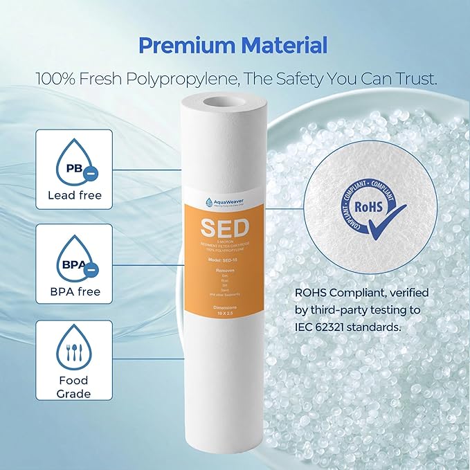 5 Micron PP Sediment Water Filter Cartridge 10" x 2.5" Whole House Replacement Compatible with All Standard 10-Inch RO and Well Water Filter Systems, HF-150A, WH-S200-C, AP11T, 6 Pack