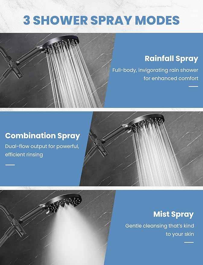 Filtered Shower Head Handheld Mother-Child Large Arm Combo, High Pressure 10-Spd Detachable Chrome Showerhead w/Stainless Hose, Water Softener Beads Hard Water - Remove Chlorine, Black