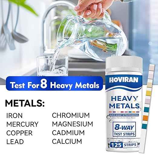 8 Way Heavy Metals Water Test Strips -125 ct Home, Well Drinking Water Testing Kit for Iron, Mercury, Copper, Lead, Chromium, Magnesium, Cadmium, Calcium