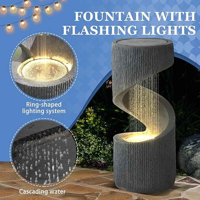 31.9" Outdoor Garden Water Fountain, S-Shaped Cascading Fountains and Waterfalls with LED Lights & Splash-Proof Net, Indoor/Outdoor Floor Standing Water Feature for Patio, Backyard, Home Decor