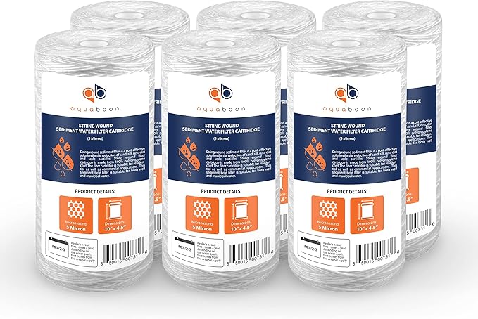 Aquaboon 5 Micron Water Filter 10 x 4.5 inch - String Wound Water Filter for Whole House System - Compatible with 84637, WPX5BB97P, PC10, 355214-45, 355215-45, WP10BB97P, WP5BB97P (6 Pack)