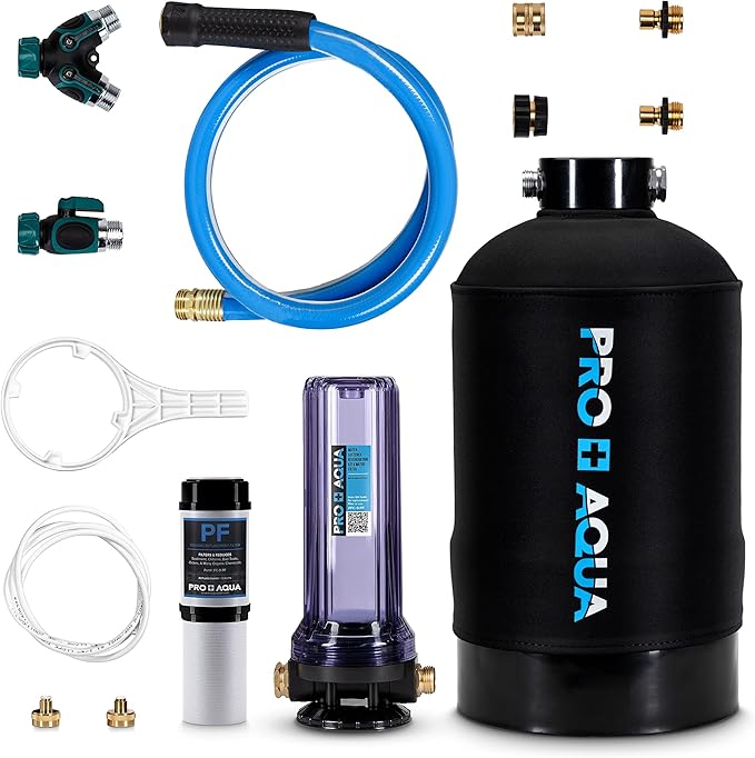 PRO+AQUA Portable RV Water Softener 16,000 Grains and Filtration System Bundle, Filter and Soften Hard Water for RV Trailers Vans
