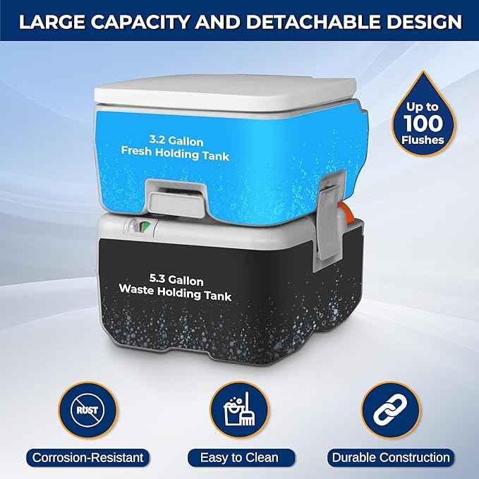 SereneLife 5.2 Gal Portable Camping Toilet For Adults, 100+ Flushes, Porta Potty Camp Toilet with Detachable Waste Tank, Level Indicator, Carry Bag, Suitable for Camping, Hiking, and Boating