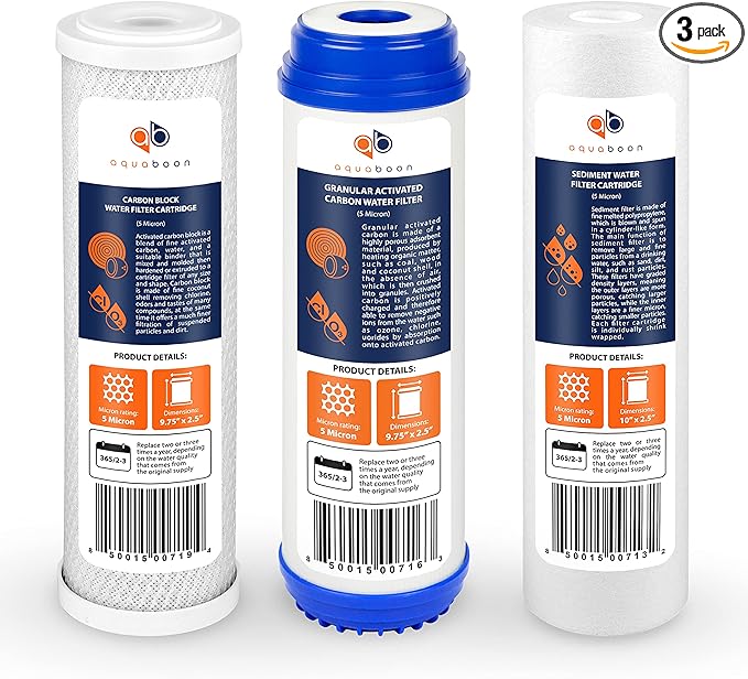 Aquaboon 5 Micron 10 x 2.5 Sediment, GAC, Carbon Filter Replacements Set of 3 Home Water Filters Cartridges Compatible with GAC-10, WHKF-GD05, WHWC