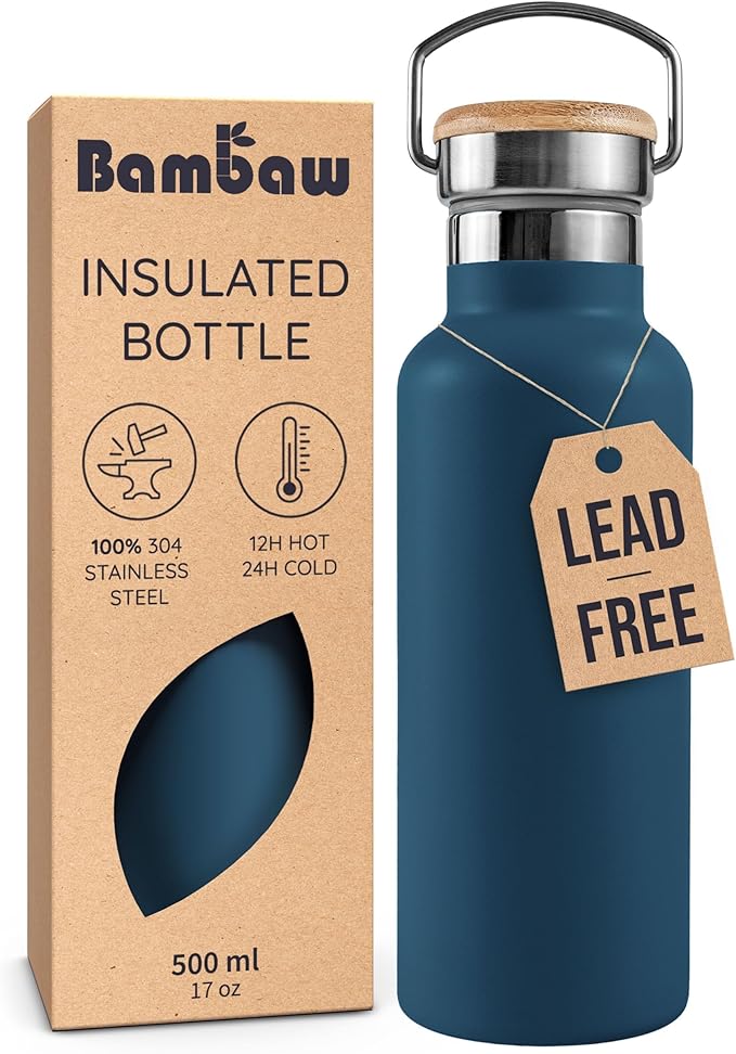 Bambaw Insulated Water Bottle 16 oz, Stainless Steel Water Bottle Insulated, For Hot & Cold Drinks, Reusable & Easy to Clean, Rust-Resistant, Made of High-Grade Stainless Steel (Aegean Blue)