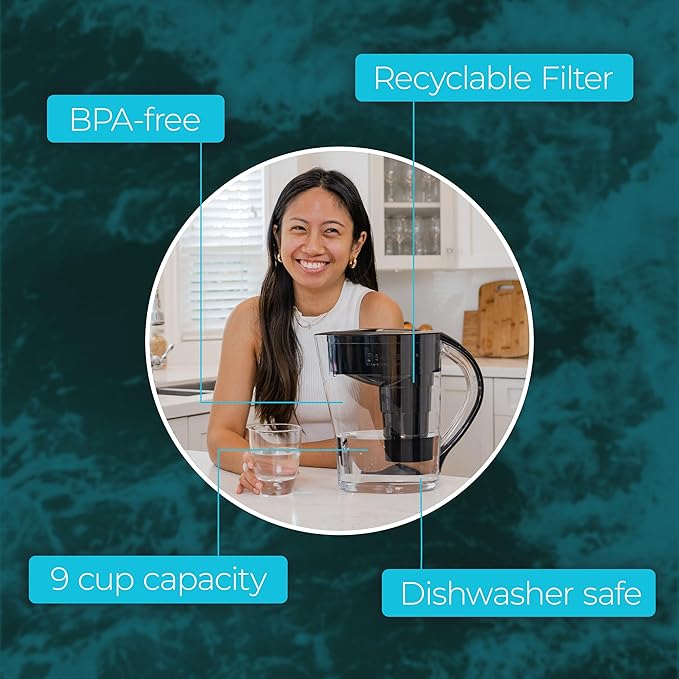 Santevia MINA Alkaline Water Filter Pitcher & 3-Pack Replacment Filter | Chlorine and Lead Filter | Water Purifier Pitcher | Home Water Filtration Pitcher | 9-Cup at Home Water Filter | Made in Canada