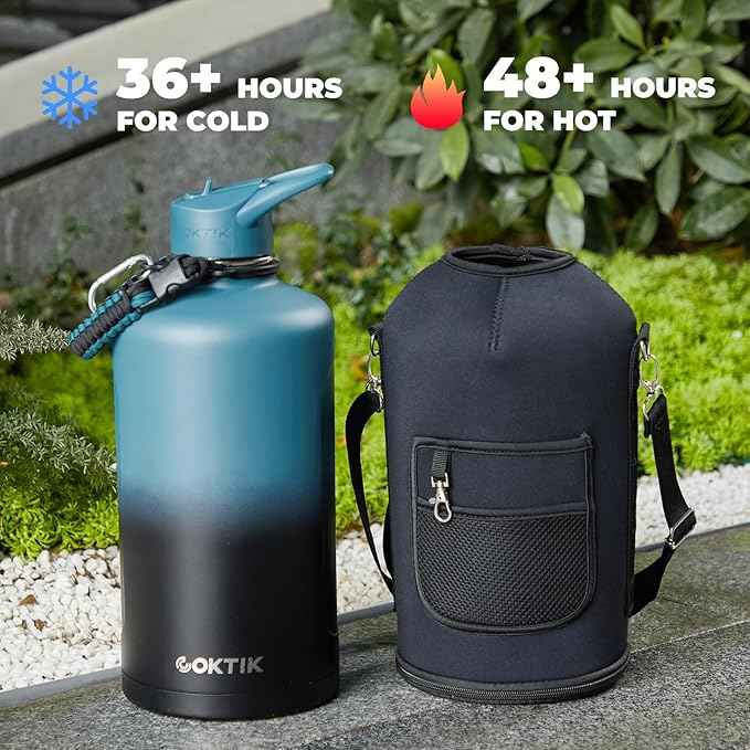 128 oz Insulated Water Bottle, Triple Wall Stainless Steel Flask, Keeps Drinks Cold for 48 Hrs Leak-Proof & BPA-Free Half Gallon Jug with Paracord Handle, Straw & Spout Lids(Indigo Black)
