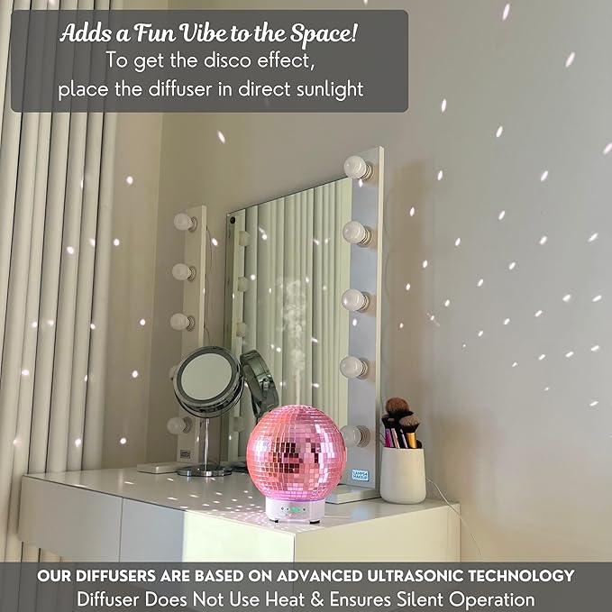 SCANDINORDICA Disco Ball Diffuser Rotating - Essential Oil Diffuser with Whisper Quiet Operation, Unique Preppy Room Decor | Aromatherapy Diffuser for Medium Room Pink