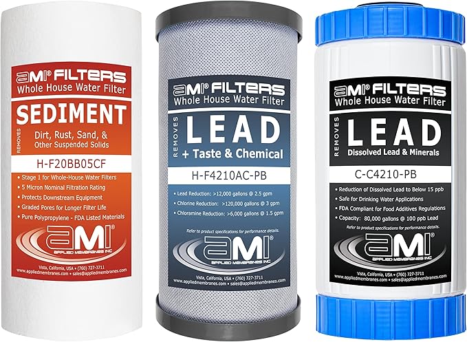Applied Membranes Inc. 3-Stage Whole-House Water Filter Cartridge Replacements, Includes 10-Inch Sediment, Carbon, and Lead Filter Cartridges