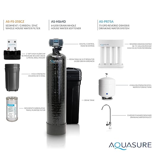 Aquasure 64,000 Grains Whole House Water Filtration Bundle with Digital Metered Control Softener, Pre-Filters, 75 GPD RO Reverse Osmosis System, Eliminates 99% of Contaminants (4-6 bathrooms)