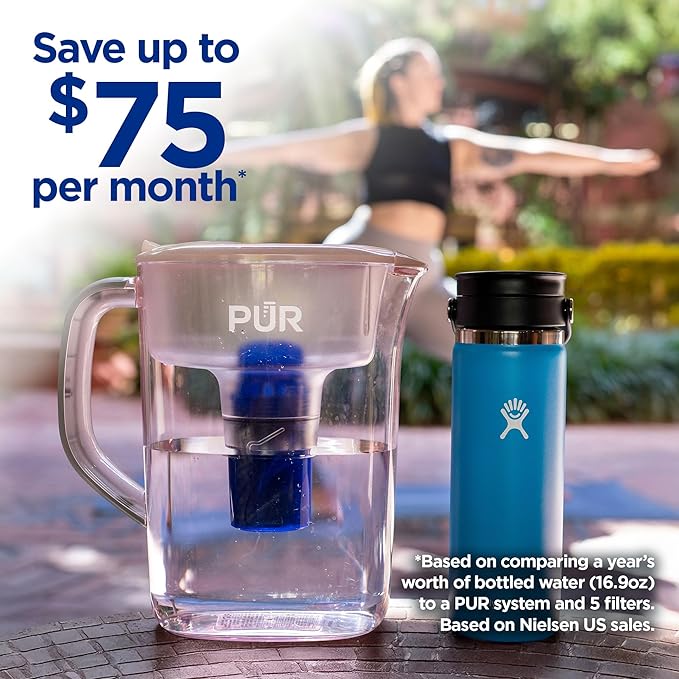 PUR 7-Cup Water Pitcher, 1 Genuine Filter, Cleaner, Great-Tasting Water, Dishwasher Safe, Powerful, Faster Filtration, LockFit Cap Design - Blush (Pack of 2)