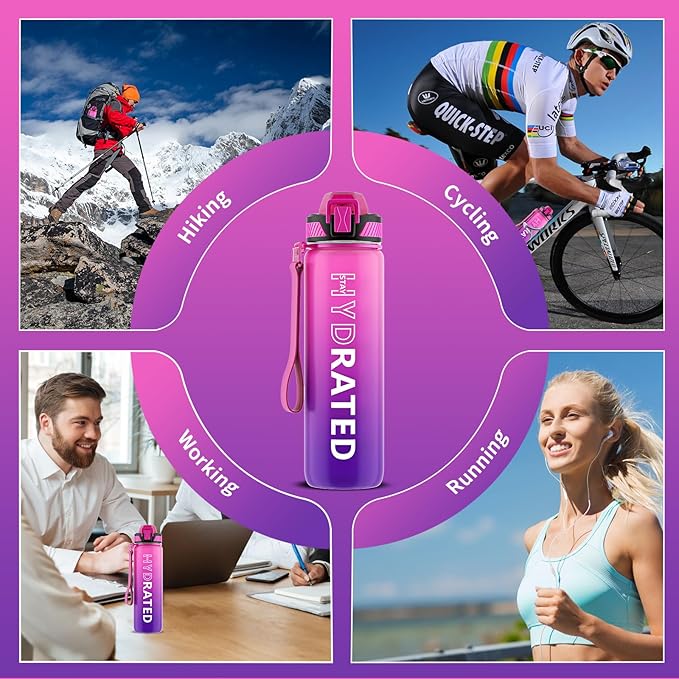 Water Bottle with Straw, 32oz Motivational Water Bottles with Time Marker to Drink, Tritan BPA Free, 1L Sports Water Bottle with Carry Strap LeakProof for Women Gym Fitness Outdoor (1 Pack)