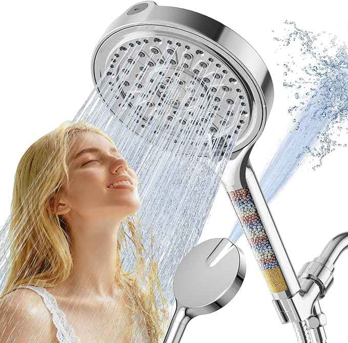 6 Inch Filtered Shower Head, 6 Spray Modes High Pressure Handheld Shower Head with Filter for Hard Water, Detachable Water Softener Showerhead with Hose, Chrome