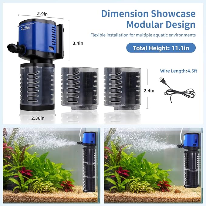TARARIUM Aquarium Filter 260GPH for 30-75 Gallon Fish Tank, Biochemical Quiet Submersible Internal Filtration Powerful Pump Air Supply Wave Maker 4 in 1, Saltwater & Freshwater Crystal Clear - AquaVibe