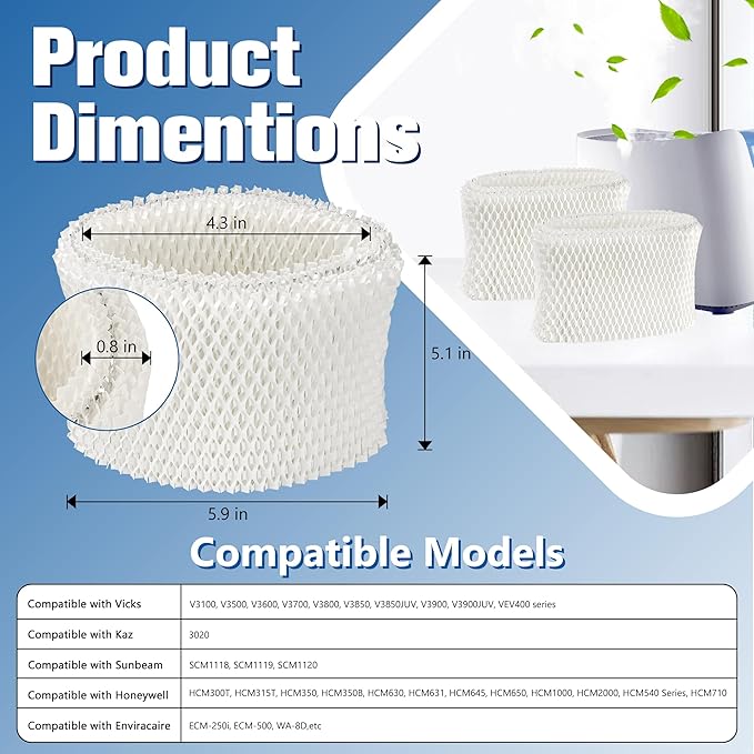 Funmit WF2 Humidifier Filter Replacement for Vicks Kaz Humidifier Starry Night Cool Mist V3500N V3700 V3100 V3900 Sunbeam 1118 1119 Honeywell HCM-300T HCM-350 WA-8D Enviracaire ECM-500 6 Pack