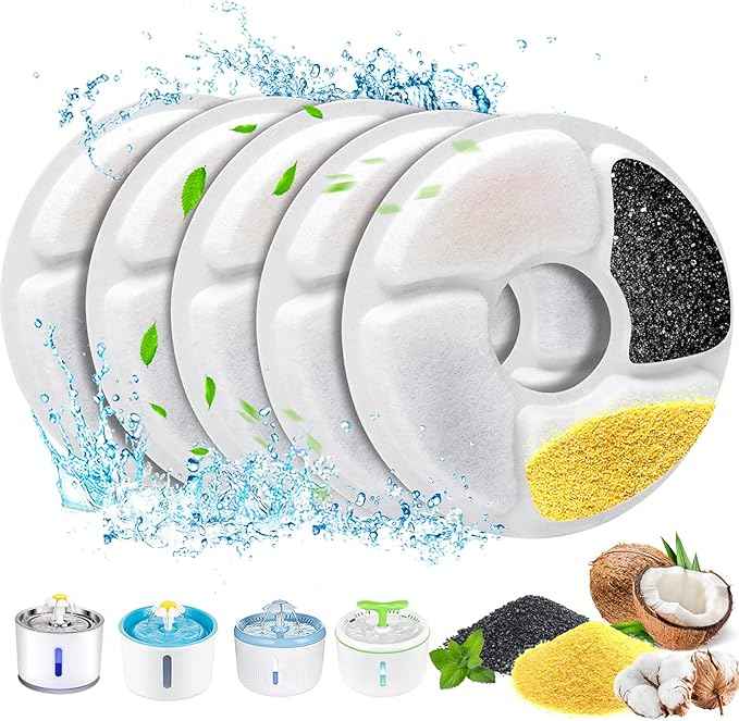 Cat Water Fountain Filters, 5 inch, Dog Fountain Activated Carbon Filters Replacement, Compatible with Cats and Dogs Automatic Water Dispenser (5Pcs)