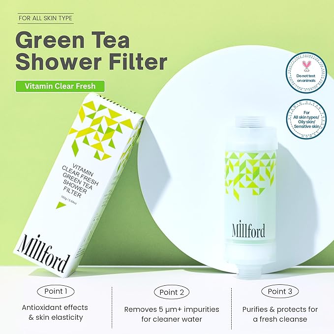 Vitamin C Shower Filter - Korean Purifier for Hard Water, Removes 99% Chlorine & Impurities, Natural Shower Infuser Detox, Deep Cleansing for Skin & Hair Hydration Boost (Green Tea Scent)