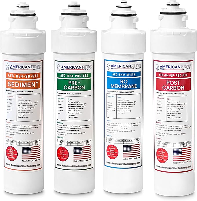 American Filter Company® Model # AFC-B4W-CMB 4-Stage Water Filters Replacement Kit, Compatible with Brio NFMPP5M, NFMGAC, NFMCTO5MS2, NFMCTO5MS3, and UV Water Cooler - 4Pk