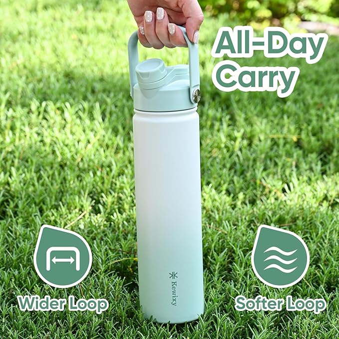 24 oz Insulated Water Bottle, 2-in-1 Lid, Straw & Spout with Protected, Leak Proof, Keep Cold 24H, Cup Holder Fit, Stainless Steel, Metal, Reusable, for Travel, Gym and School, 2 Lids, Iced Mint