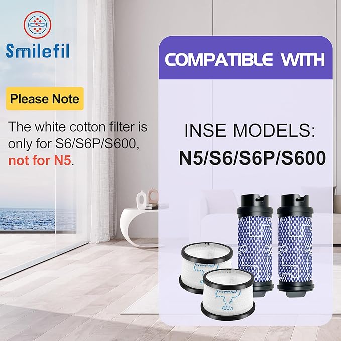Smilefil Primary Filter and Secondary Filter Replacement Filter Kit Accessories Compatible with Inse N5 S6 S6P S600 Cordless Vacuum Cleaner - AquaVibe