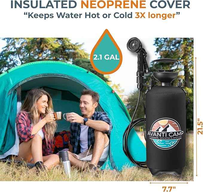 Pressurized Camping Shower (8L/2.1 Gal) – Portable Beach Shower for Surfing, Camping & Van Life – Outdoor Rinse Kit with Hand Pump & 10 Spray Modes – Portable Water Sprayer Pets & Gear | AVANTI CAMP