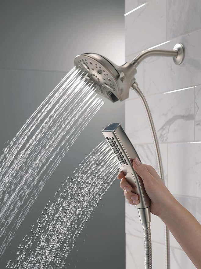 Delta Faucet 5-Spray In2ition 2-in-1 Dual Hand Held Shower Head with Hose, H2Okinetic Handheld Shower Head with Magnetic Docking, Brushed Nickel Handheld Shower Heads, Stainless 58620-SS-PR-PK