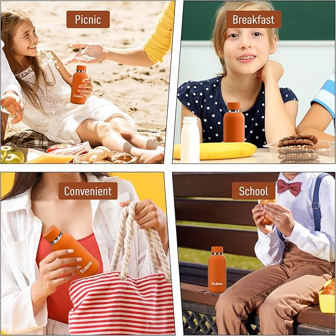 Exllena Small Water Bottle 12oz with Clip, Double Wall Stainless Steel Vacuum Small Insulated Water Bottle Keeps Drinks Cold 24 Hrs/Hot 12 Hrs for Kids Handbag School BPA Free (Bright Orange)