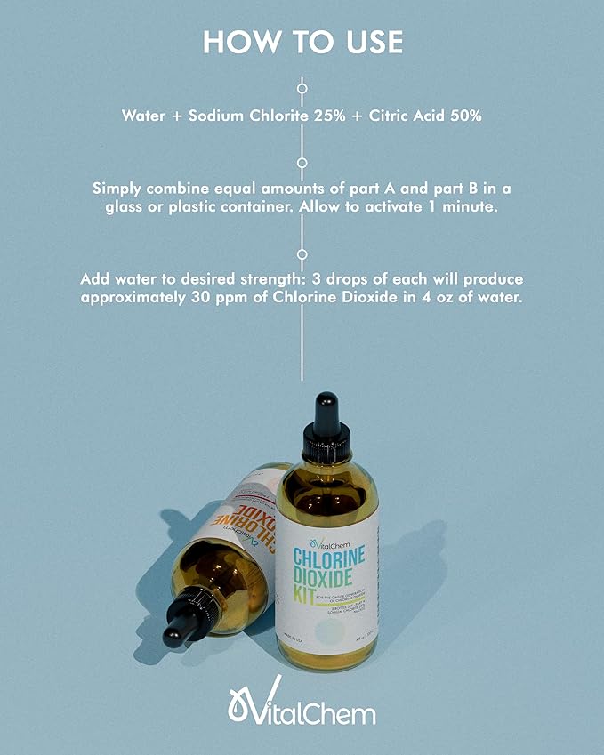 Chlorine Dioxide Kit | Glass Bottles with Droppers | Citric Acid 50% and Sodium Solution | 8 oz Total