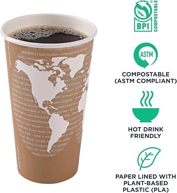 ECO PRODUCTS Compostable Disposable World Art 20oz Large Coffee Cups, Case of 1000, Renewable Hot Paper Cup, Plant Based PLA Lining, Color Coded