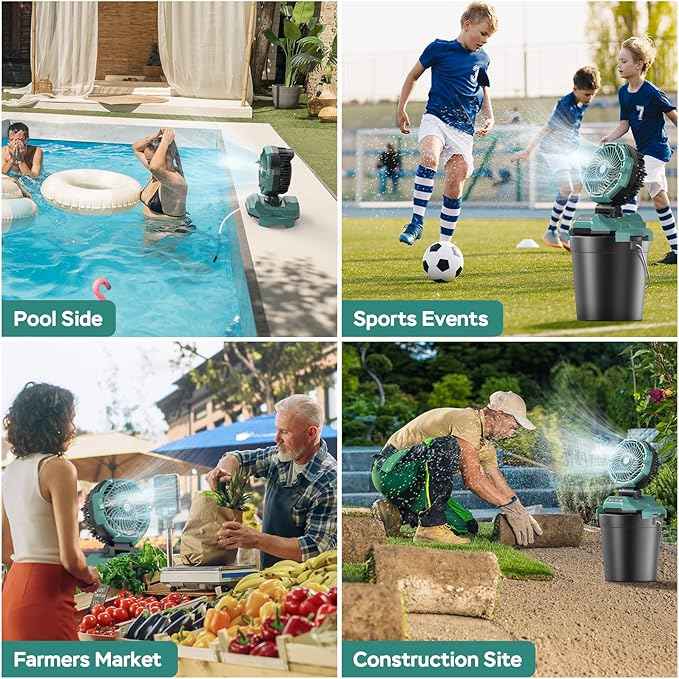 Portable Misting Fan for Outdoors Patios - 30000mAh Rechargeable Battery Powered Camping Fan, 4 Spray Mister with Timer, Fits 10-13" Bucket, 4 Speed, 90° Auto Oscillation for Garden Sports Travel Golf