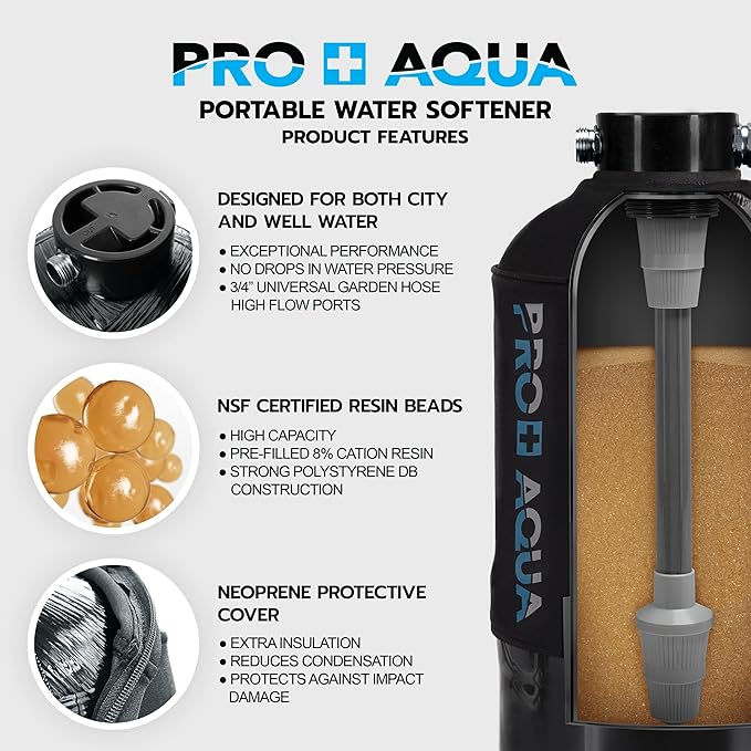 PRO+AQUA Portable RV Water Softener 16,000 Grains and Filtration System Bundle, Filter and Soften Hard Water for RV Trailers Vans
