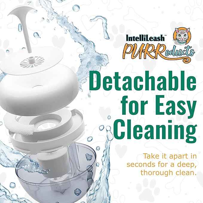 IntelliLeash PURRoducts Purrfect Water Fountain for Cats and Small Dogs with Premium 5-Layer Filter That Lasts Up to Two Months. Splash Free and Tip-Proof Design. Low Water Auto Shut-Off Feature.