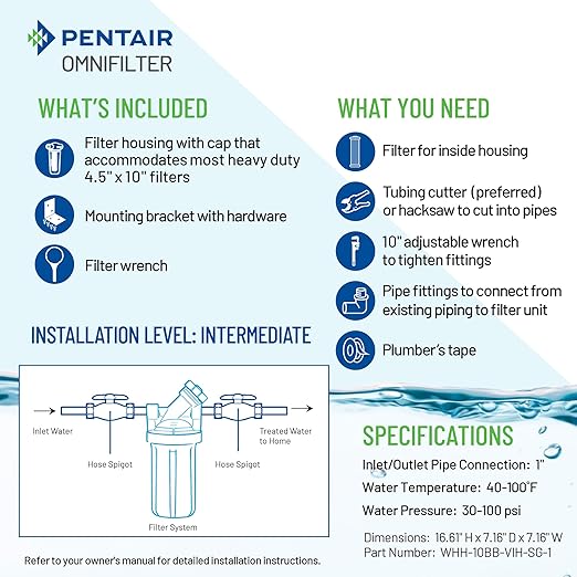 Pentair OMNIFilter Whole Home Valve-in-Head 10" Heavy-Duty Big Blue Water Filtration System with Pressure Relief, White/White