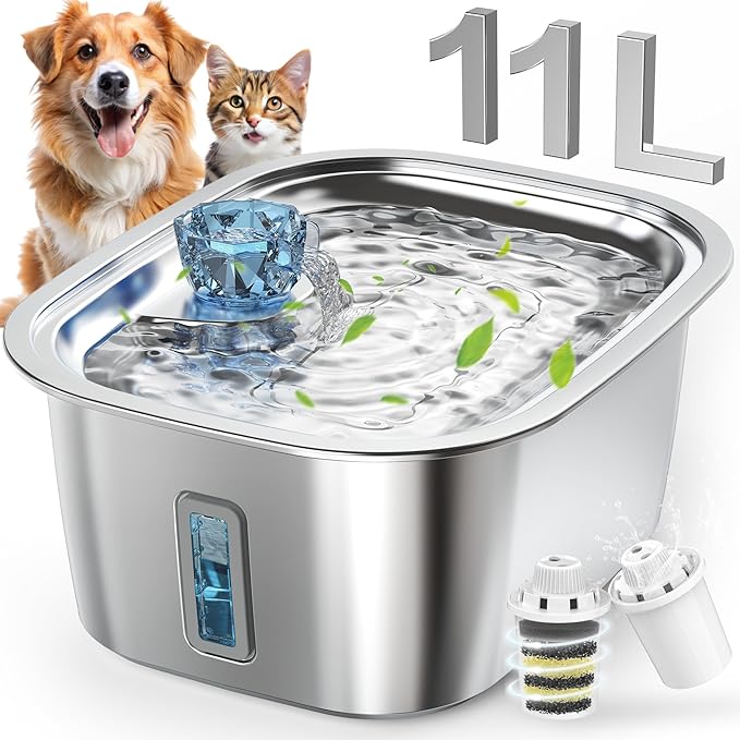 Lesotc 3 Galon Stainless Steel Dog Water Fountain for Large Dogs, Pet Water Fountain with 2 Filters, Automatic Dog Fountain Dog Water Bowl Dispenser Indoor, Quiet Pump, Dishwasher Safe