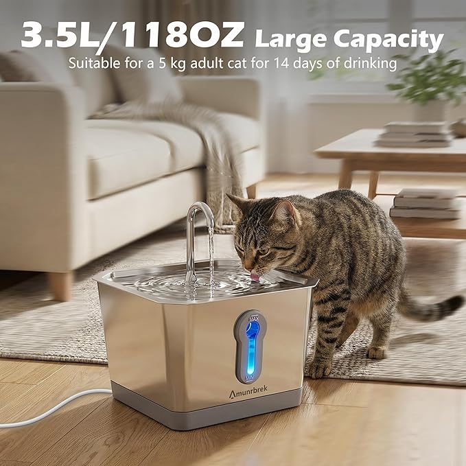 Cat Water Fountain Stainless Steel with 3.5L/118oz Capacity, Automatic Cat Water Dispenser with App Monitoring & 2.4G WiFi, Indoor Pet Fountain for Cats and Dogs
