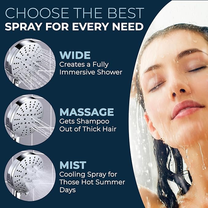 HammerHead Showers® Solid Metal 3-Spray Handheld Shower Head with Long Hose and Holder - CHROME - WIDE, MASSAGE, and MIST Sprays - 1.8 GPM Low Flow Handheld Showerhead - Water Saving Shower Head