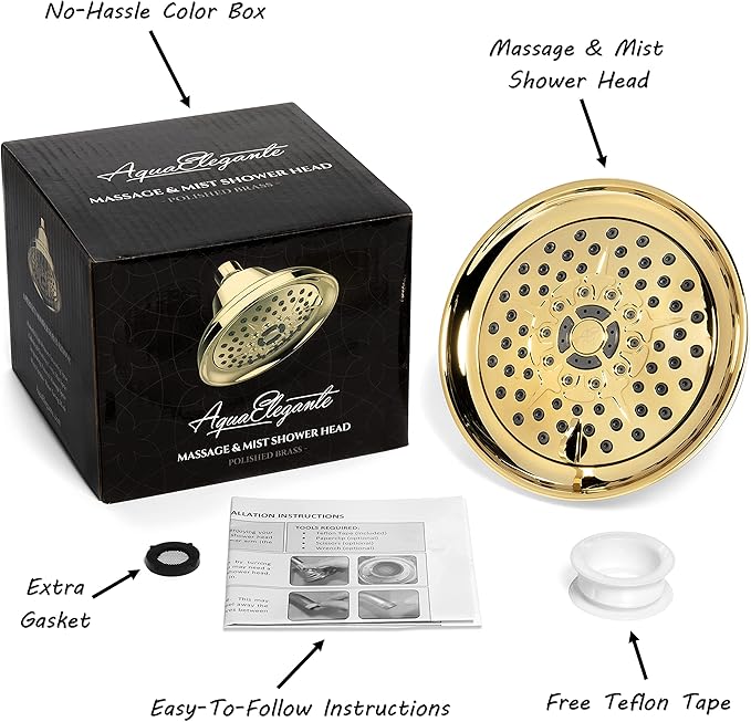Massage Shower Head With Mist - High Pressure Boosting, Multi-Function, Massaging Rainfall Showerhead For Low Flow Showers & Adjustable Water Saving Nozzle, 1.8 GPM - Polished Brass - AquaVibe