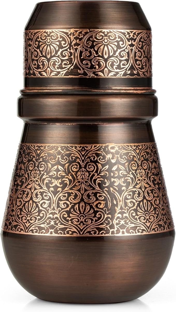 Bedside Water Carafe - Copper Bottle for Drinking Water- Pitcher with Lid - Ayurveda Healing Benefit Heavy Duty Vessel - 34 Oz