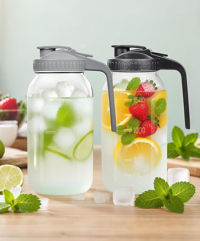 2 Quart Wide Mouth Glass Pitcher with Lid, 64oz Mason Jar Pitcher, Leak-proof Iced Tea Pitcher,Heavy Duty Container for Fridge Sweet Tea,Juice,Cold Brew Coffee,Breastmilk Storage Drinks-1PACK/Gray