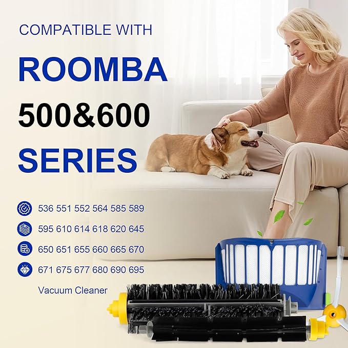 Funmit Parts Replacement for Roomba 500 600 Series 595 585 564 690 692 694 Vacuum Cleaner Accessories- Includes 3 Filter, 3 Side Brush and 1 Bristle Brush - AquaVibe