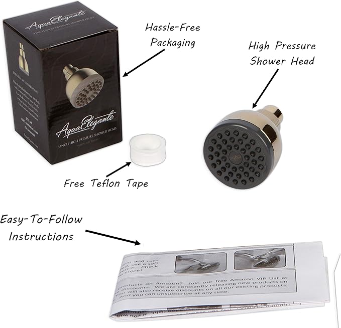 Aqua Elegante Low Water Pressure Shower Heads - Best High Pressure Boosting Wall Mount Showerhead - Indoor And Outdoor Modern Bath Spa Head, 2.5 GPM - Polished Brass - AquaVibe