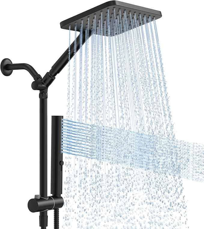 High Pressure Rain Shower Head with Handheld Combo, 10 Inch Square Rainfall Showerhead, Adjustable Slide Bar Dual Shower System, 3 Spray Modes, 59" Stainless Steel Hose, Matte Black