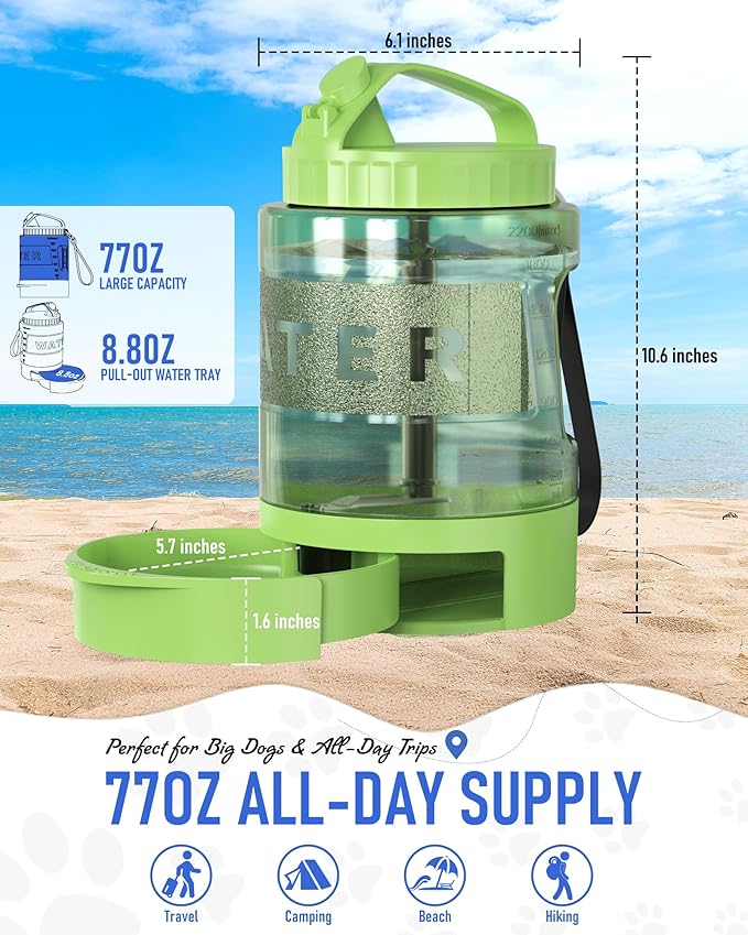 Portable Dog Travel Water Bottle, 77oz Large Portable Dog Water Bowl Dispenser, Leakproof Pet Drinking Bottle Dispenser for Hiking Camping Walking Travelling Beach Car Trips, No Spill, BPA Free,Green - AquaVibe