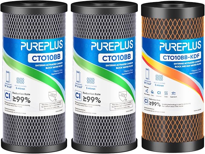 PUREPLUS 5 Micron 10"x4.5" Whole House Water Filter Replacement Bundle 3 Pack – 2× CTO Chlorine Taste Odor Reduction + 1× KDF Heavy Metal Filter – Fits Standard Housings GXWH40L, WFHDC8001, FXHTC