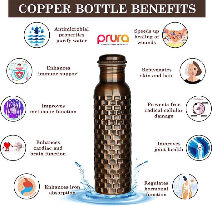 Black Bricks Design Pure Copper Water Bottle for Drinking Travel Water Bottle for Gym, Office, Hiking, Outdoor – Ayurvedic Bottle Joint Less Leak Proof