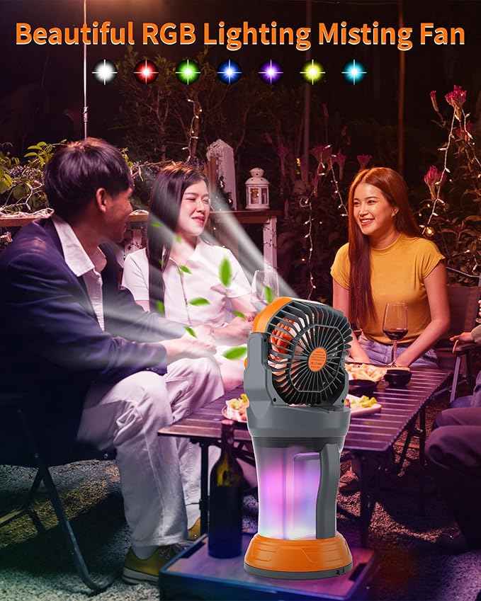 Portable Misting Fan with Larger Battery Fan-Rechargeable Outdoor Misting Cooling Fans with 2L Water Tank,RGB Lights,4 Speeds & Spray Modes-for Patio, Camping, Beach, Workshop (Gray-Orange)