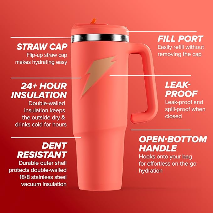 Gatorade Crossover Stainless Steel Tumbler Water Bottle, Coral, Double-Wall Insulation, 36 fl oz