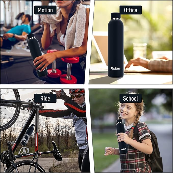 Exllena Slim Insulated Water Bottles for Travel 25oz with Clip, Double Wall Vacuum Stainless Steel Water Bottle Keeps Drinks Cold 24 Hrs/Hot 12 Hrs, 100% Leakproof, BPA Free(Black)
