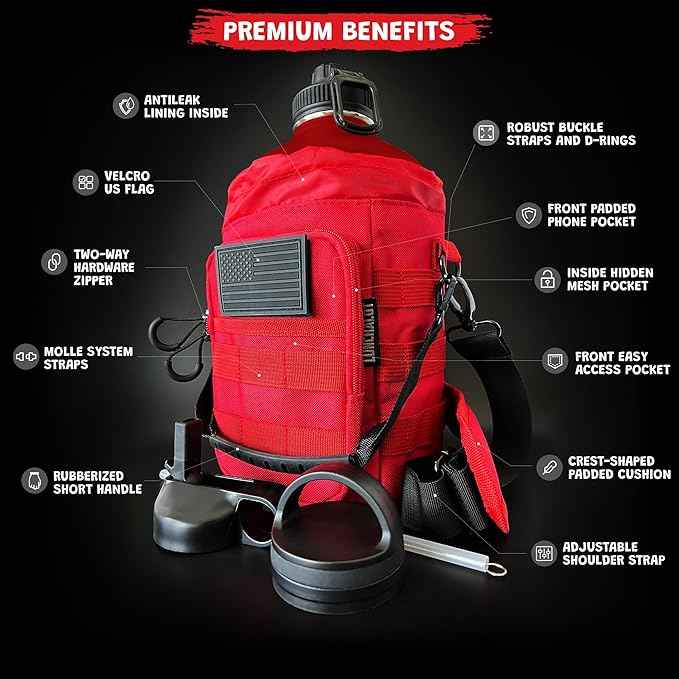 1 Gallon Water Bottle - 128 Oz Insulated Stainless Steel Metal Water Bottle with Holder - Carrying Bag - Spout Handle - Straw Lids - Keep Cold & Hot - Red Tactical Flask