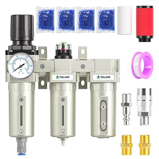 TAILONZ PNEUMATIC 0-240PSI 1/2 Inch NPT Grade Three Stage Industrial Air Drying System, Particulate Filter, Coalescing Filter, Desiccant Dryer and Air Regulator (Automatic Drainage） - AquaVibe